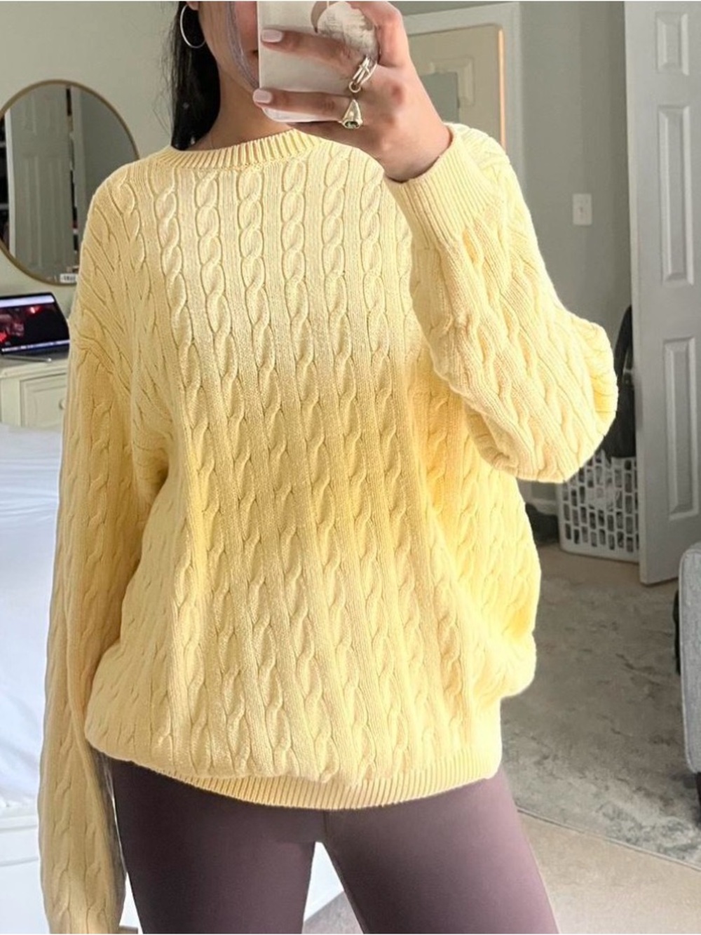 Yellow Cable Knit Crewneck Sweater - Women